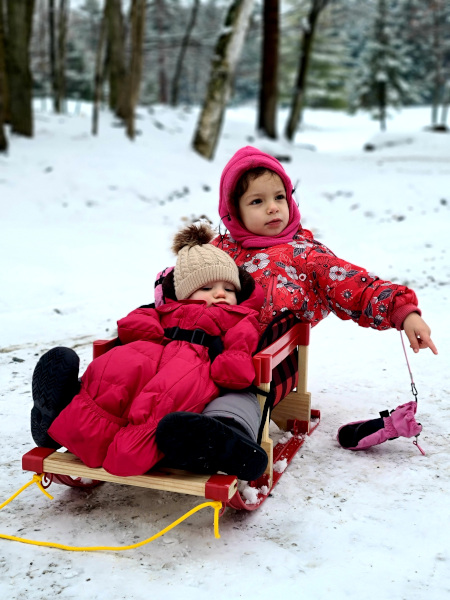 Niñas con trineo en la nieve