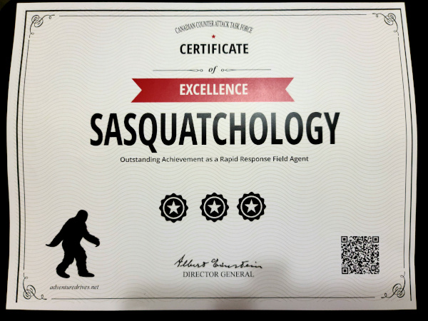 Certificado por haber culminado exitosamente Hunt for the Sasquatch