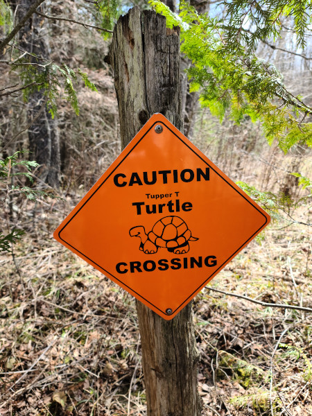 Una de las señales que hace referencia a la tortuga Tupper T, la mascota de la Capital del Geochaning en Canadá