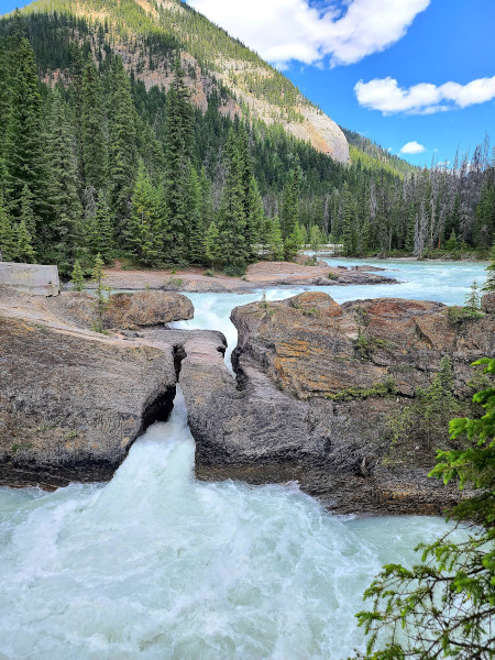Cerca de Enmerald Lake se encuentra Natural Bridge. La fuerza del río Kicking Horse logró formar un puente natural en las rocas