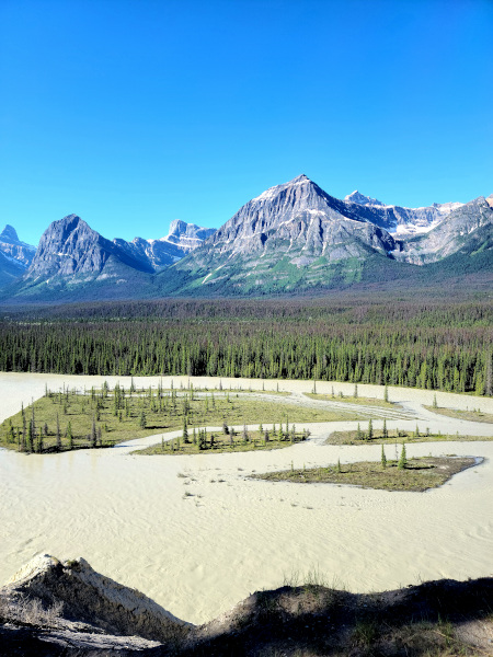 Vistas del río Athabasca y de la cordillera Fryatt desde el Goats and Glaciers Lookout