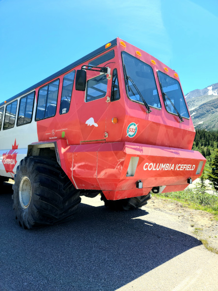 La excursión Columbia Icefield Adventure, que te lleva hasta el glaciar Athabasca, tiene lugar en un autobús gigante de color rojo conocido como Ice Explorer